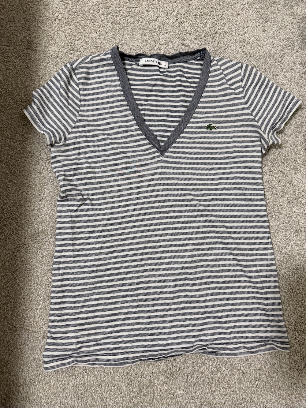 Lacoste Women's Gray & White Striped V-Neck